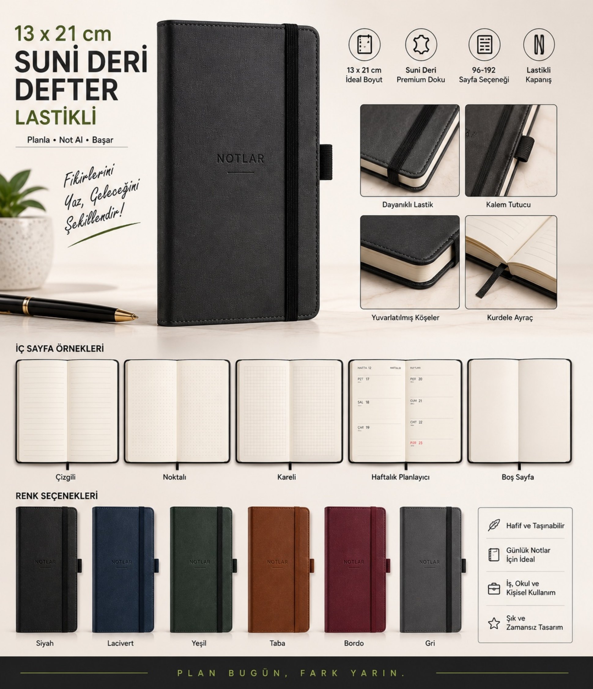13 × 21 Suni Deri Defter Lastikli ürün föyü