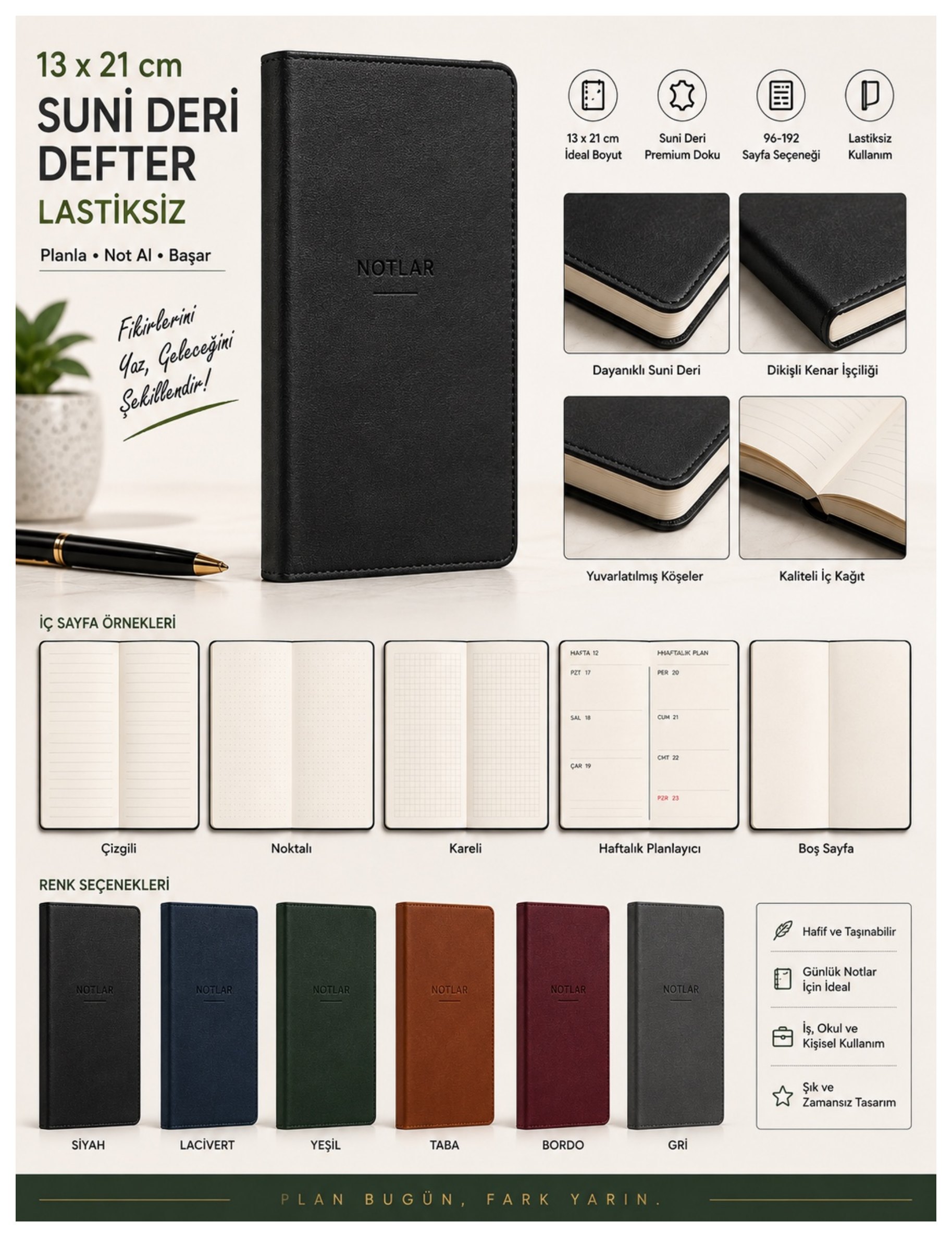 13 × 21 Suni Deri Defter Lastiksiz ürün föyü