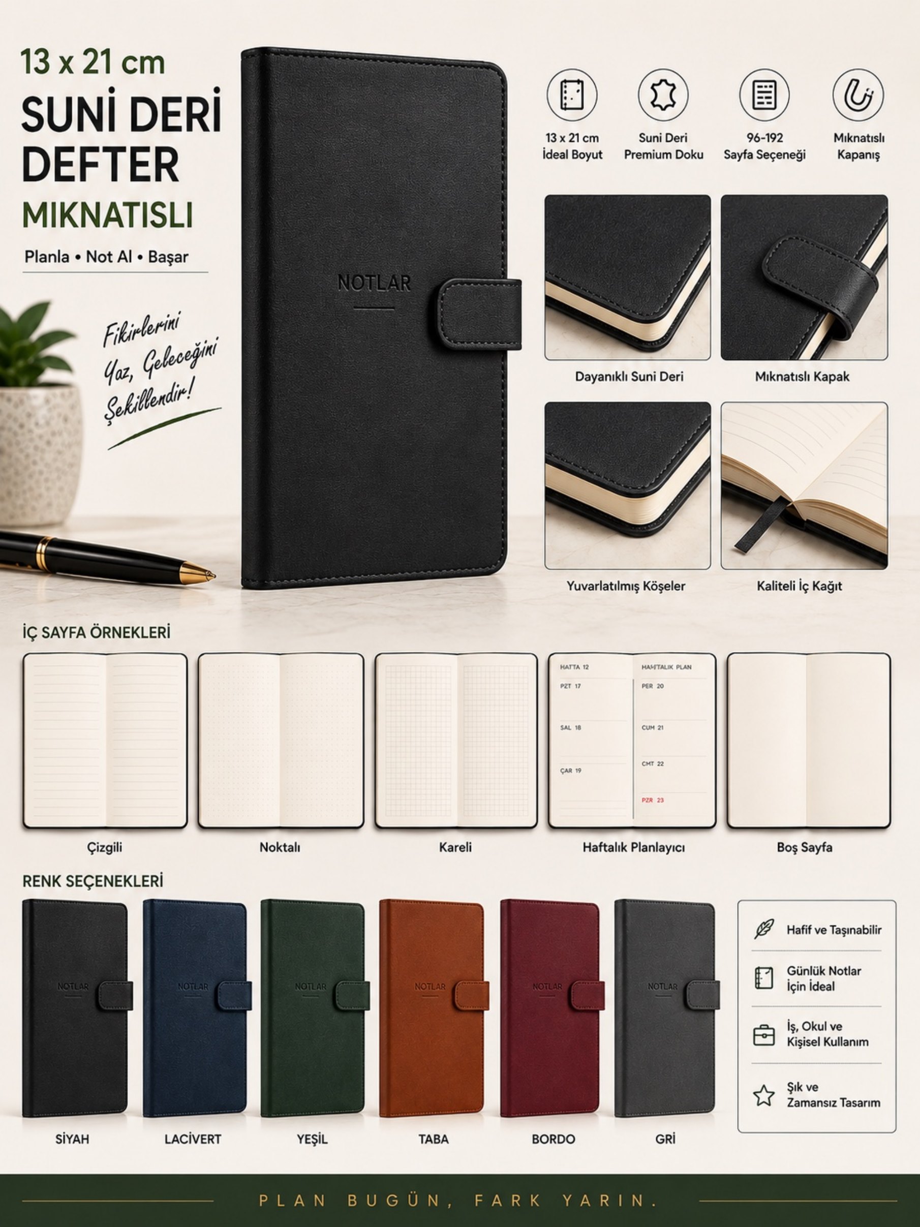 13 × 21 Suni Deri Defter Mıknatıslı ürün föyü
