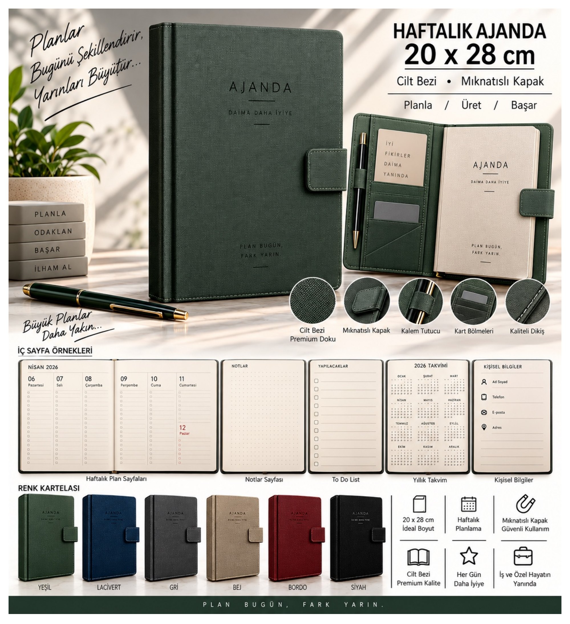 Haftalık Ajanda 20 × 28 Cilt Bezi Mıknatıslı ürün föyü