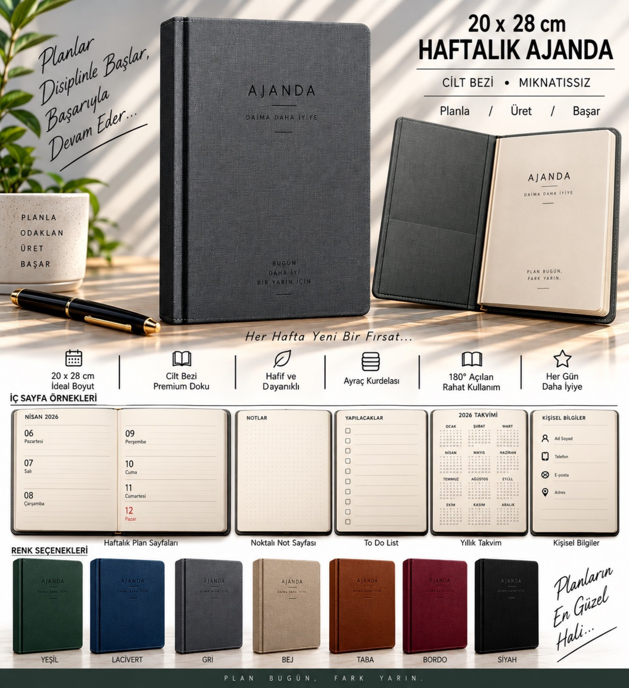 Haftalık Ajanda 20 × 28 Cilt Bezi Mıknatıssız ürün föyü