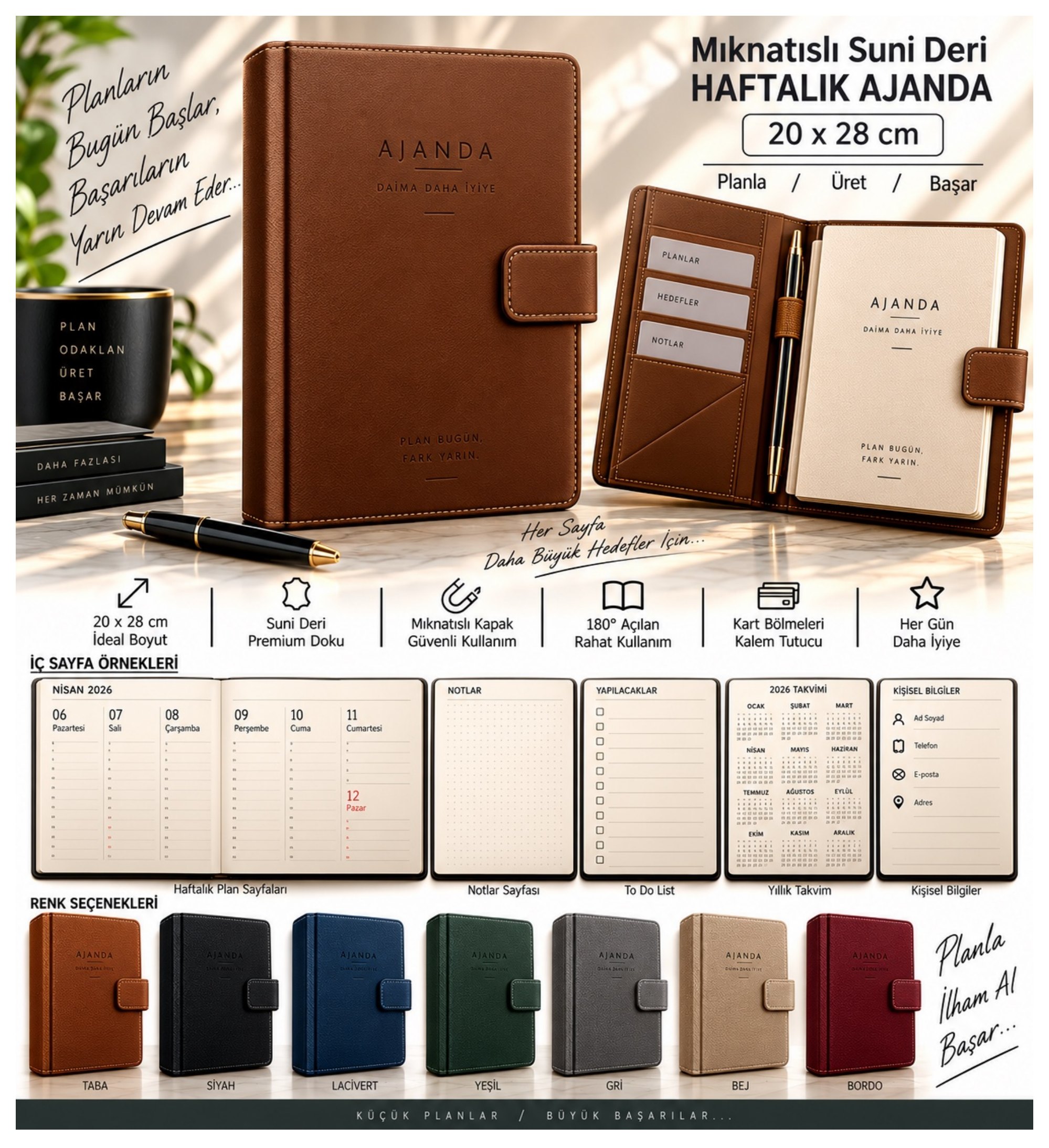 Mıknatıslı Suni Deri Haftalık Ajanda 20 × 28 ürün föyü