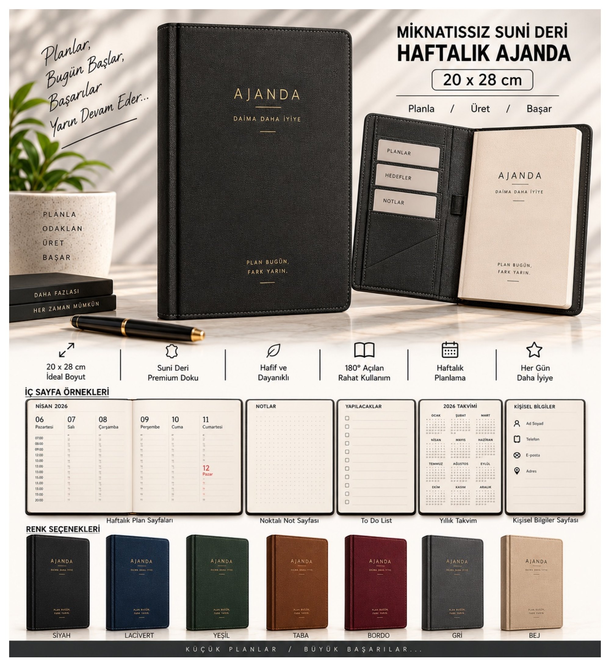 Mıknatıssız Suni Deri Haftalık Ajanda 20 × 28 ürün föyü