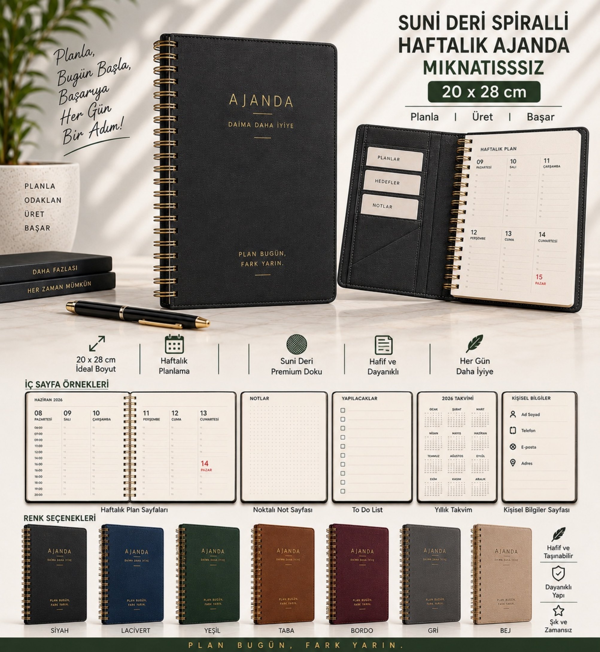 Suni Deri Spiralli Haftalık Ajanda Mıknatıssız 20 × 28 ürün föyü