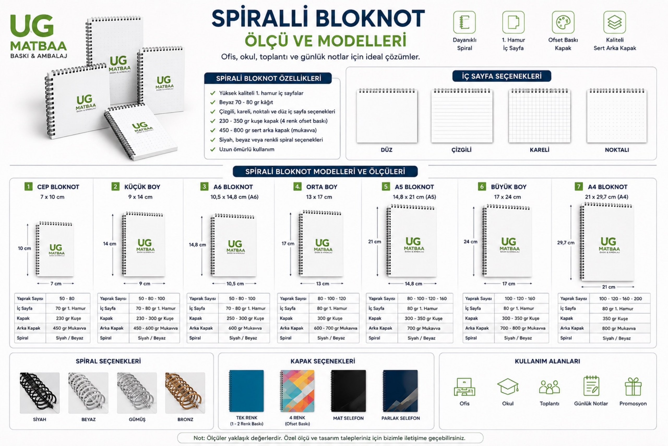 Spiralli Bloknot Ölçü ve Modelleri ürün föyü